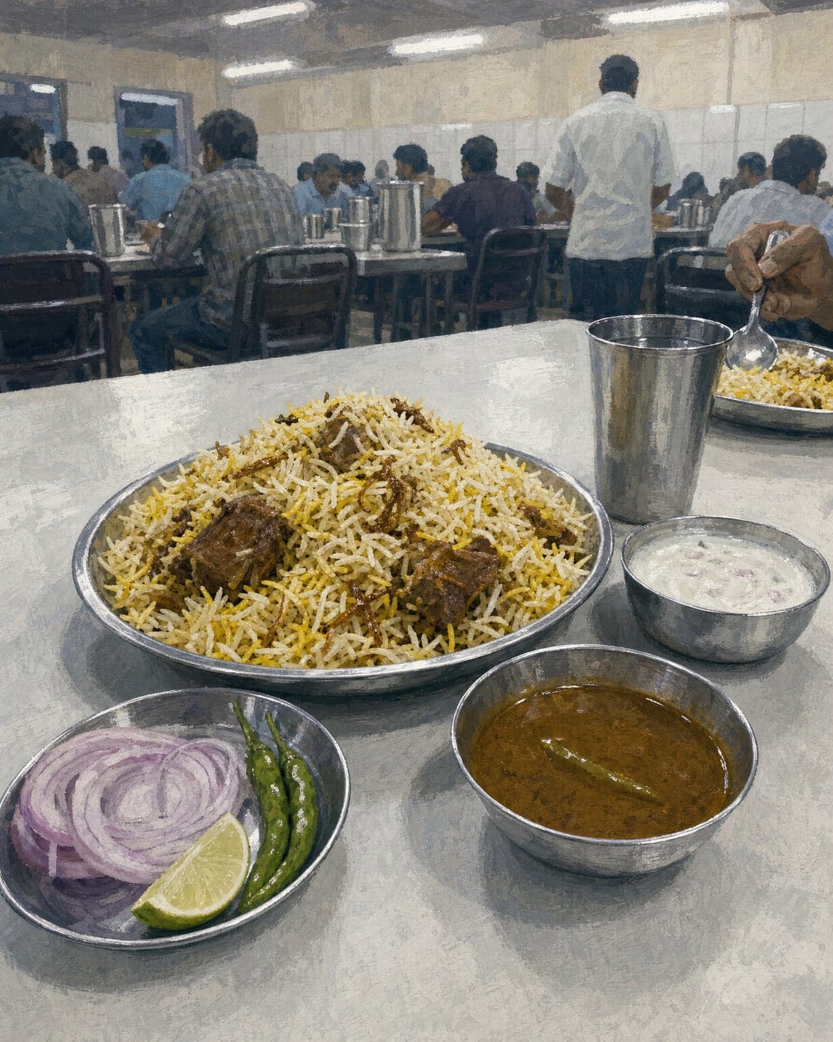 A steel plate of biryani with salan, raita, onion and lemon on a restaurant table, painted in gouache