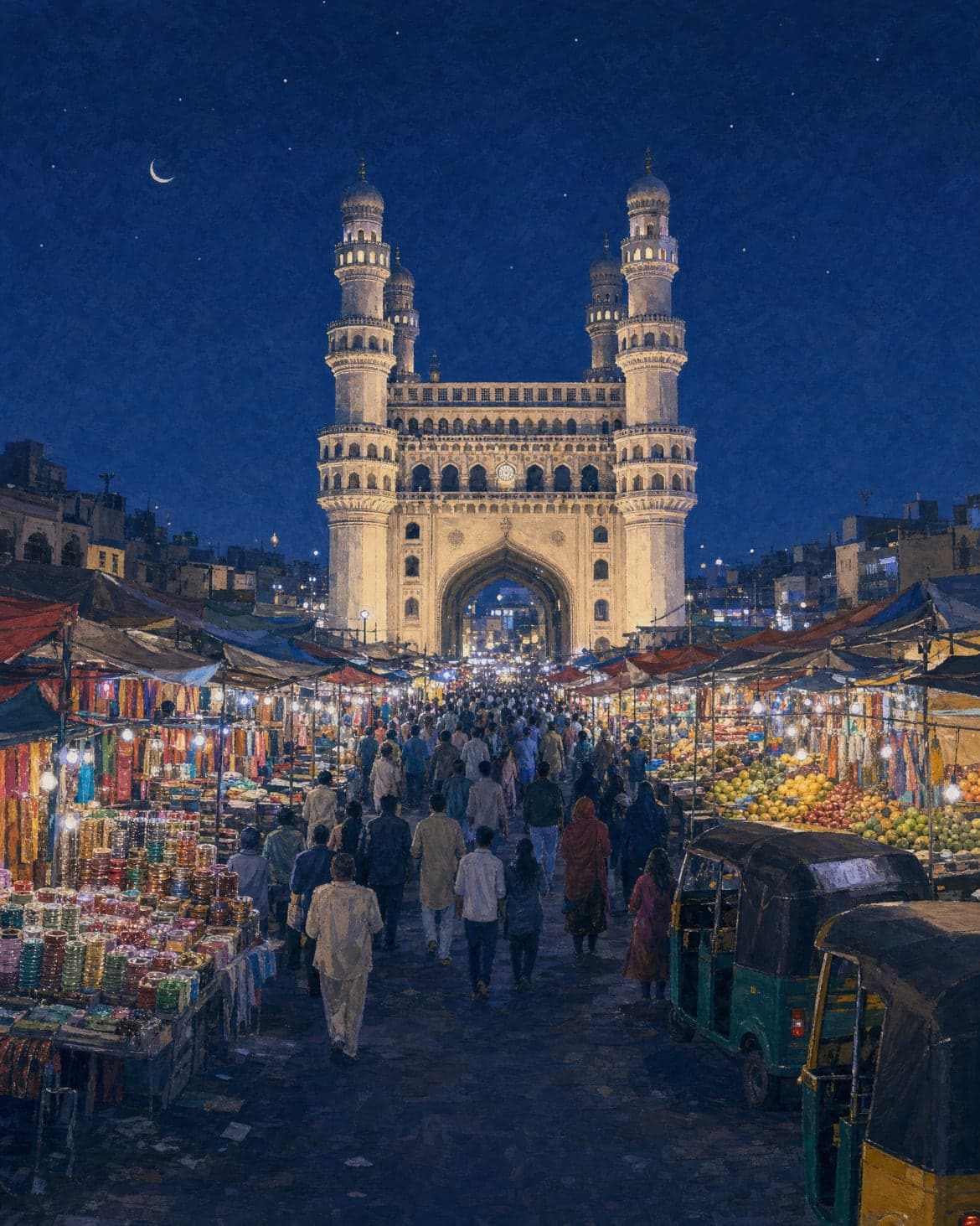 The Charminar lit at night above a crowded street market, painted in gouache