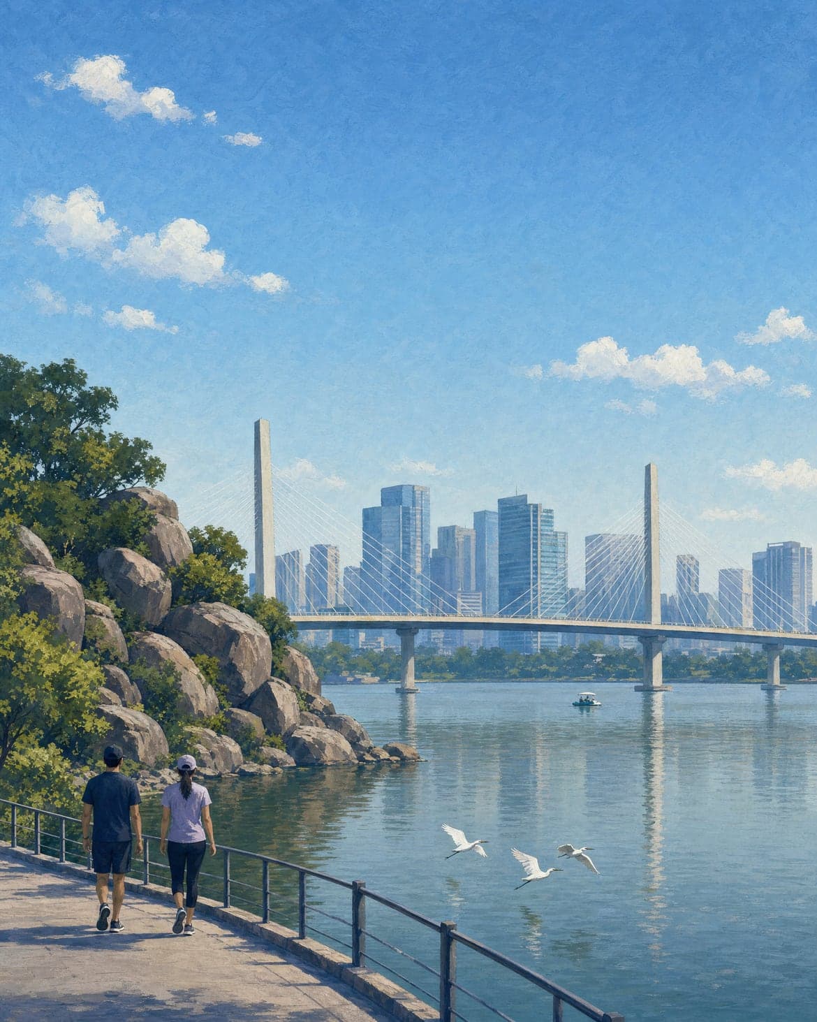 Durgam Cheruvu on a clear morning: the cable bridge over the lake under a blue sky. Painted in gouache.