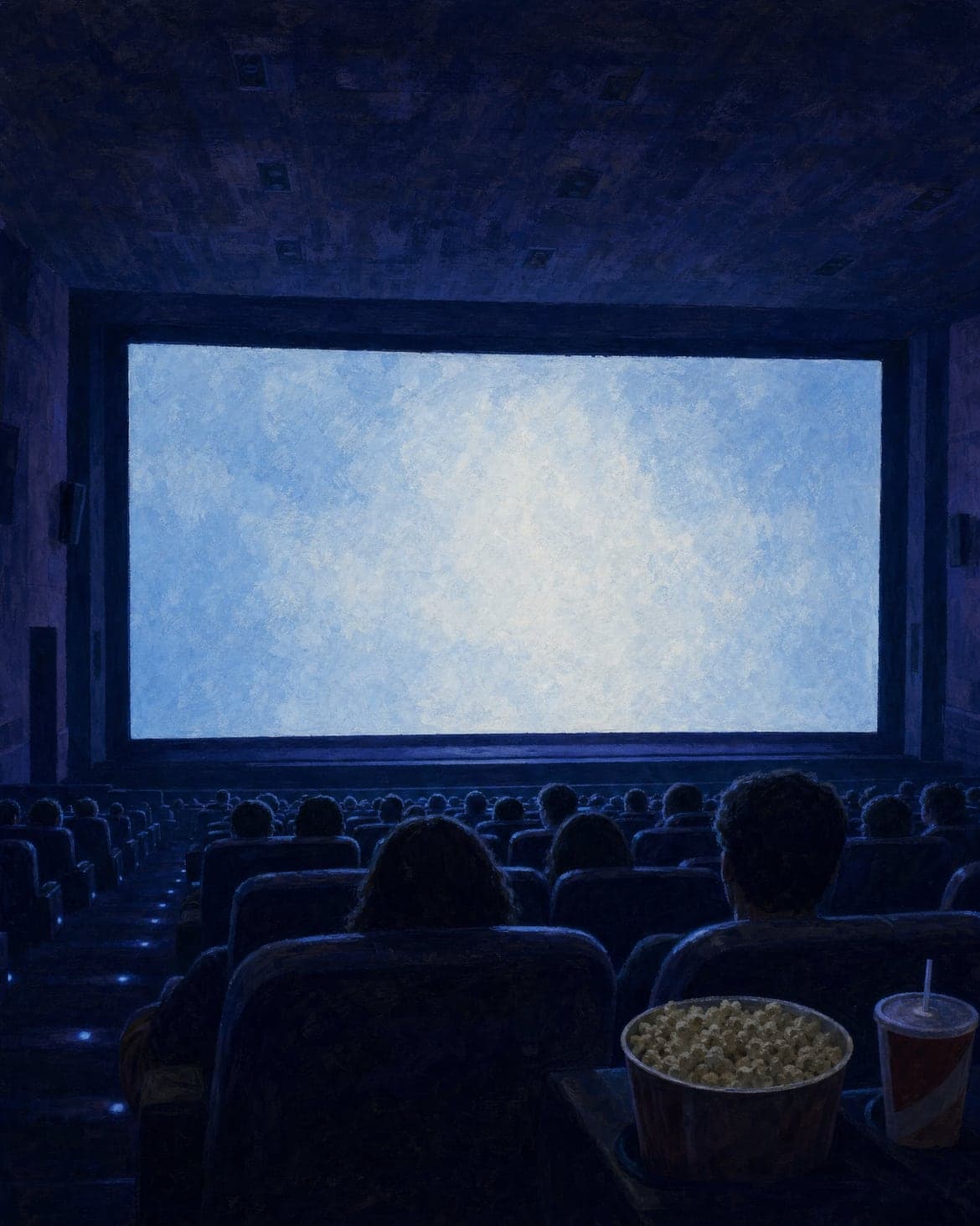 A dark cinema hall from the back rows, the screen glowing over rows of heads, painted in gouache