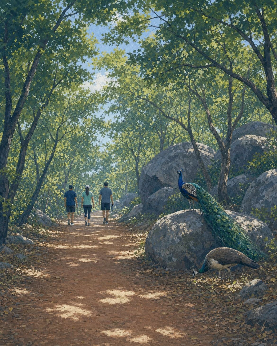 A red-earth trail under trees in the morning, with a peacock on a boulder, painted in gouache