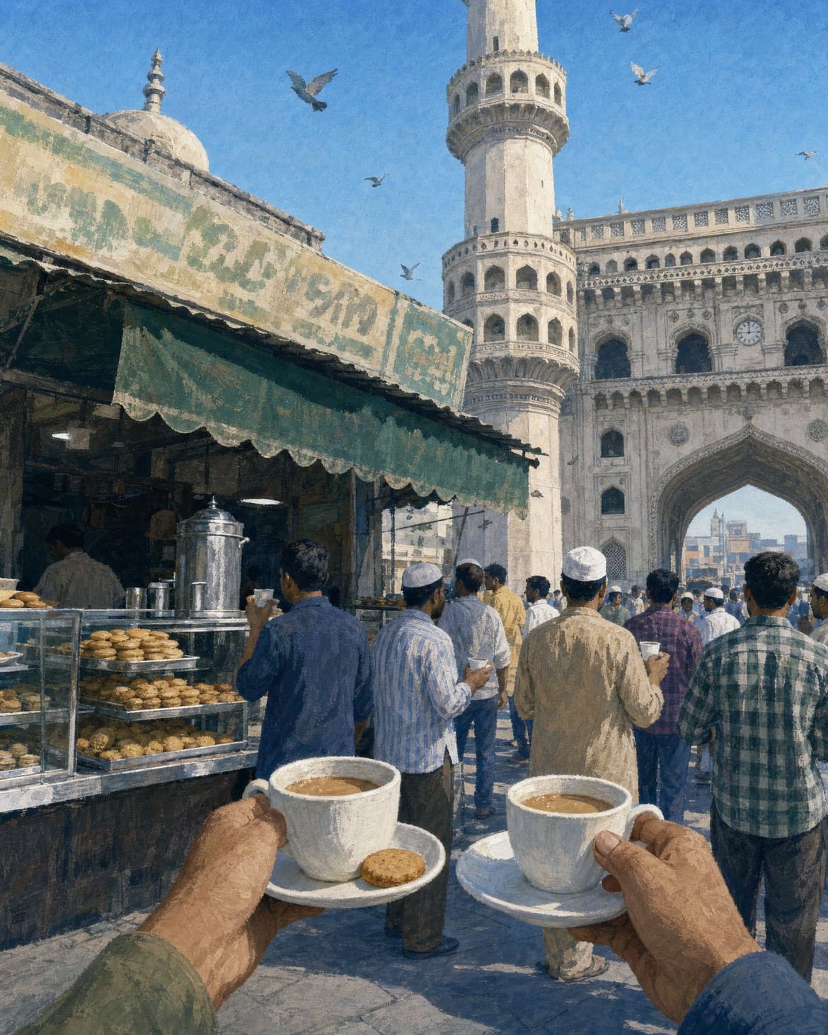 Nimrah Cafe from the pavement: the open bakery counter, two cups of Irani chai on saucers and a Charminar minaret close behind. Painted in gouache.